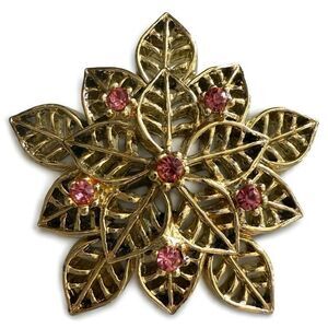 Vintage Gold Leaf Flower Brooch with Pink Crystals